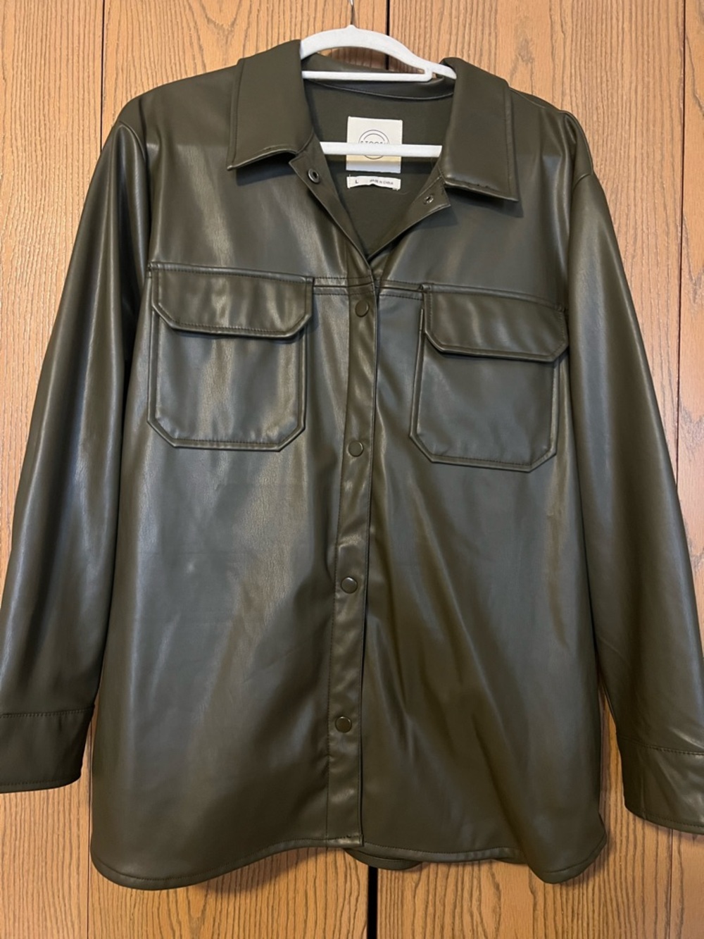 Women’s Faux Leather Overshirt Jacket - Olive Green Button Up